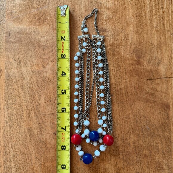 Delightful vintage costume red, white & blue silver-toned multi-strand necklace - Picture 2 of 3